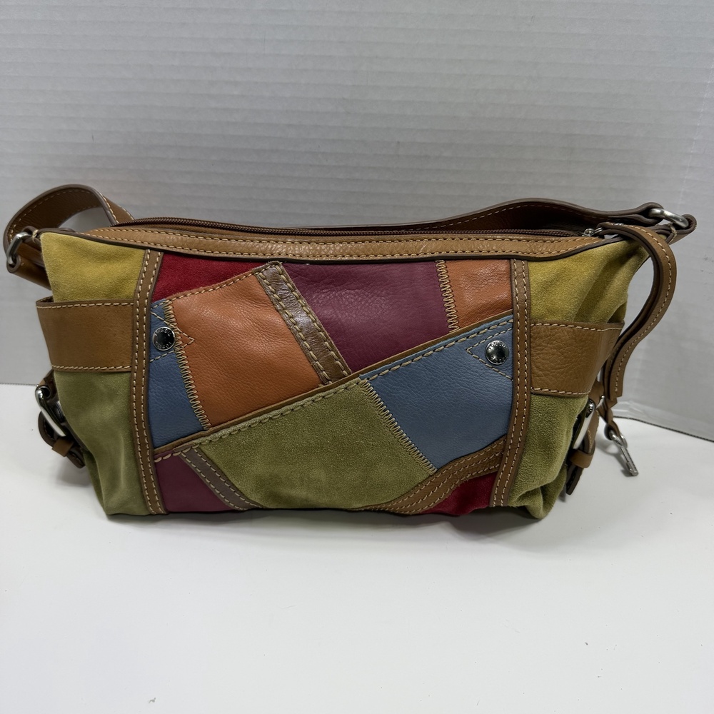 Fossil Shoulder Bag Womens Medium Multicolor Patchwork Leather Suede Key Boho